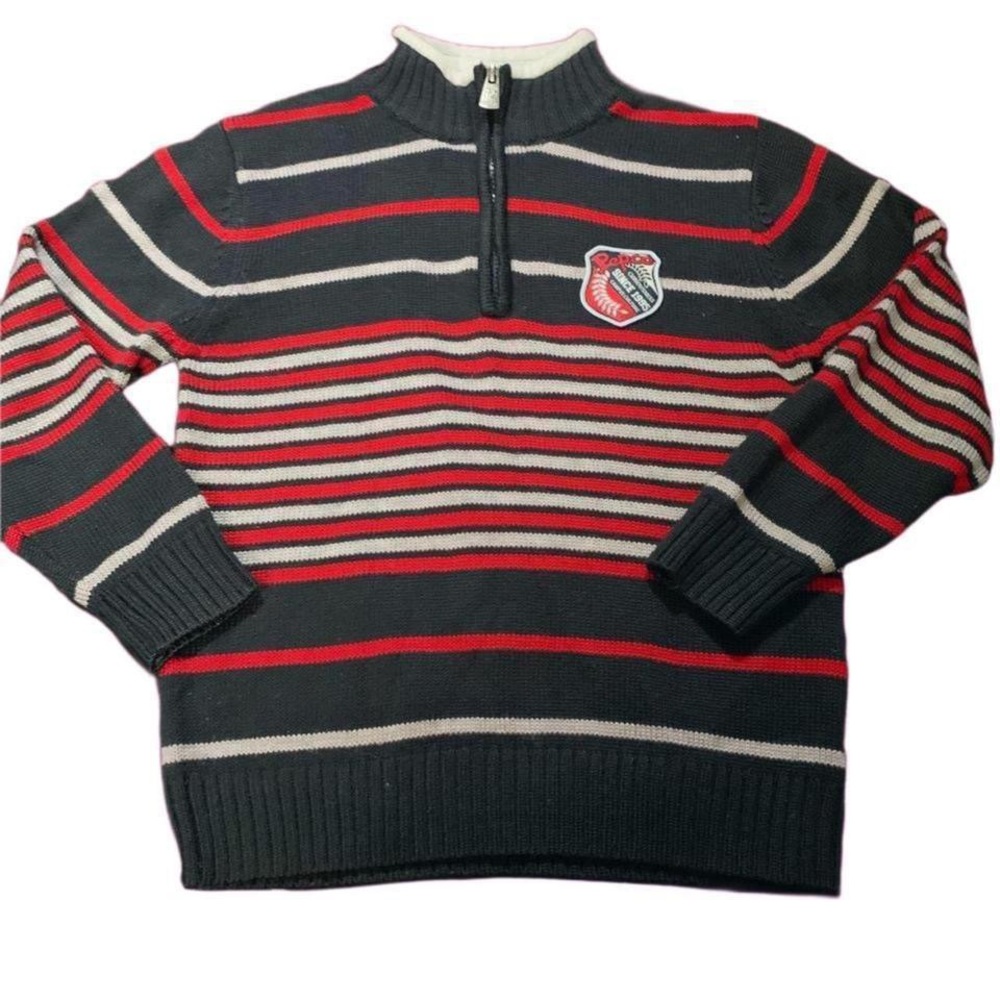 Collared Navy Blue and Red Striped Quarter-Zip Turtleneck Sweatshirt